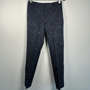 ZARA WOMAN Jacquard Damask Pattern Trousers Pants Navy Blue Tailored Slim Fit XS